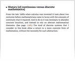 History [of continuous versus discrete mathematics]