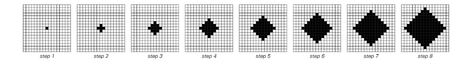 Successive steps in evolution of two-dimensional cellular automaton