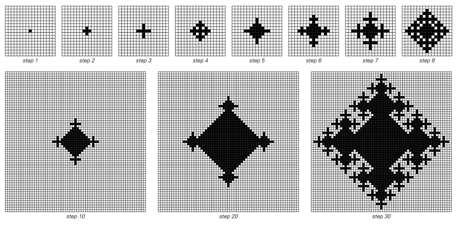 Successive steps in evolution of two-dimensional cellular automaton 2