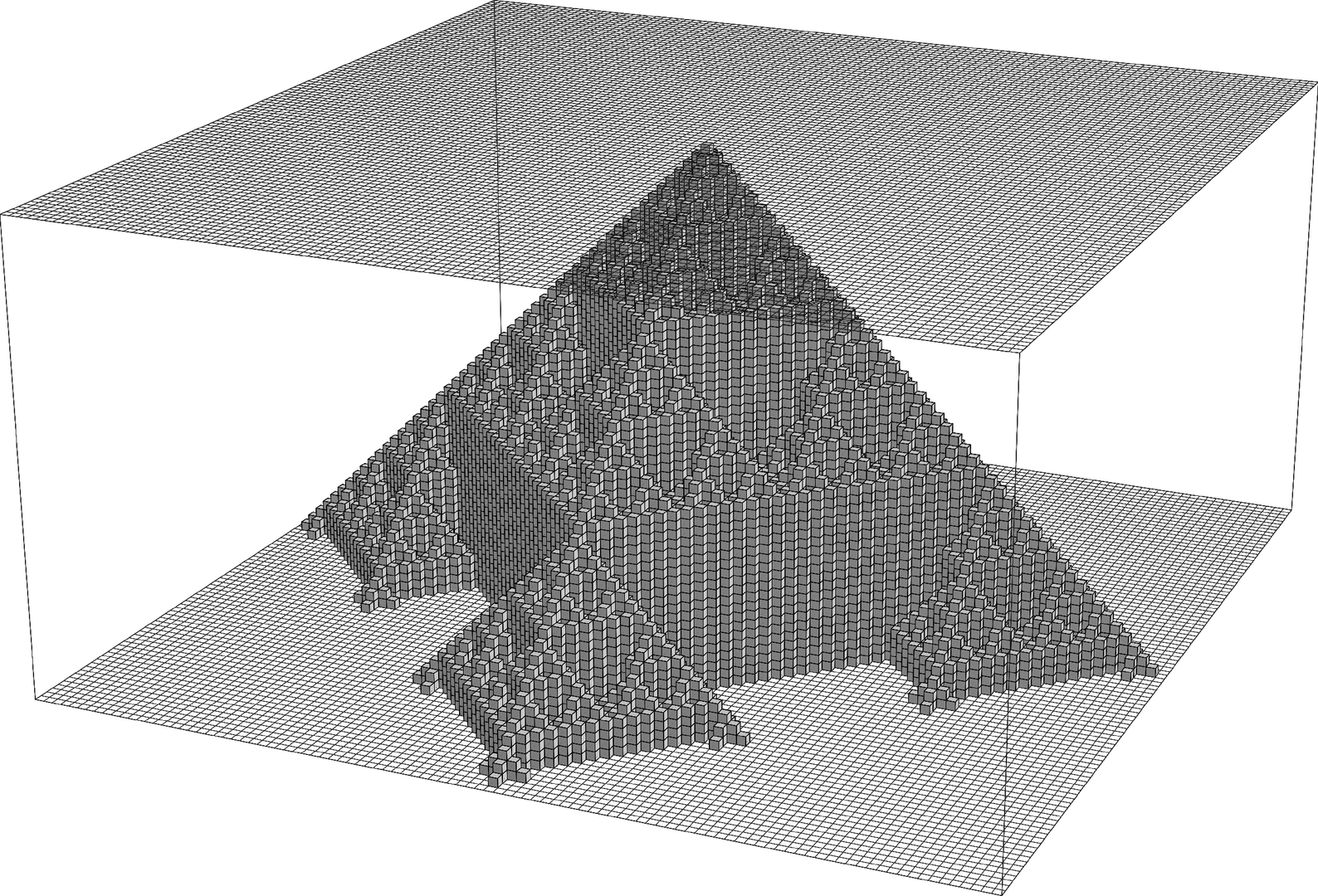 A three-dimensional object formed by stacking the two-dimensional patterns from the previous page