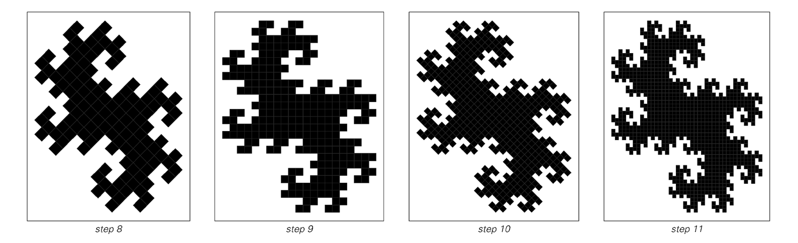 The patterned obtained by starting with a single black square and then at every step replacing each black cell with two smaller black cells 2