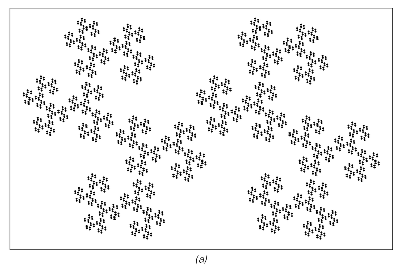 Examples of fractal patterns produced by repeatedly applying the geometrical rules shown