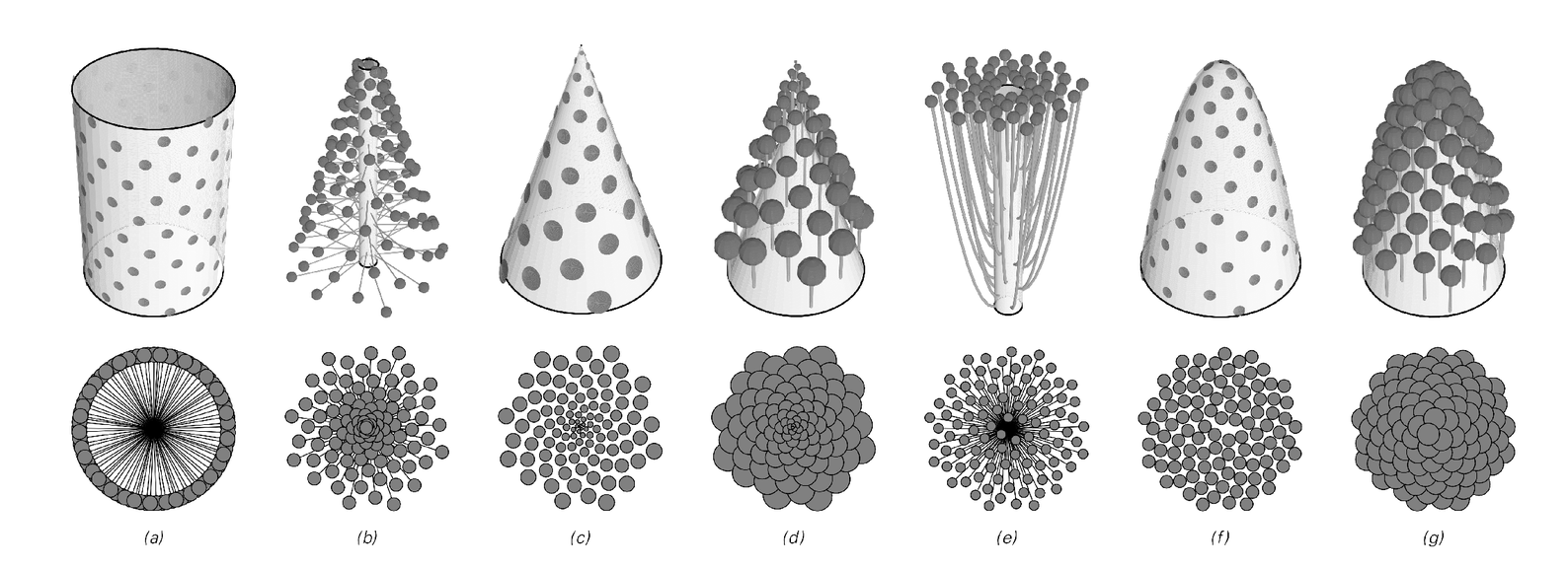 Examples of structures formed in various geometries by successively adding elements at a golden ration angle