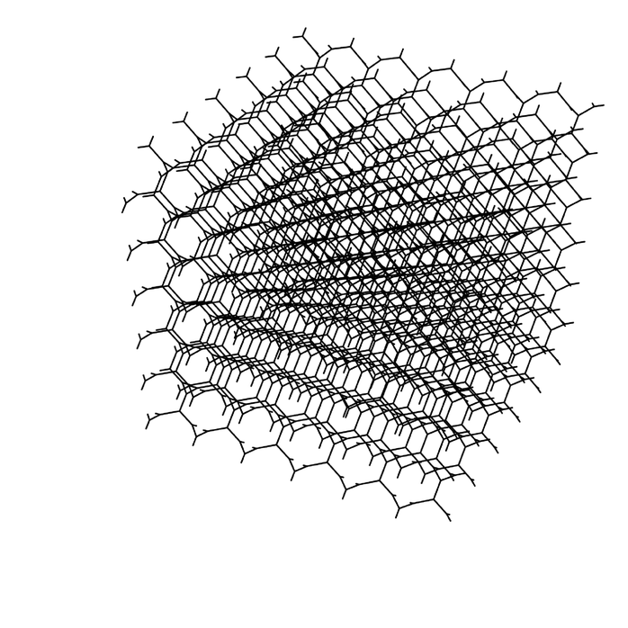 Examples of networks with three connections at each node that are effectively one, two and three-dimensional. These networks can be continued forever, and all have the property of being homogeneous, in the sense that every node has an environment identical to every other node. 3