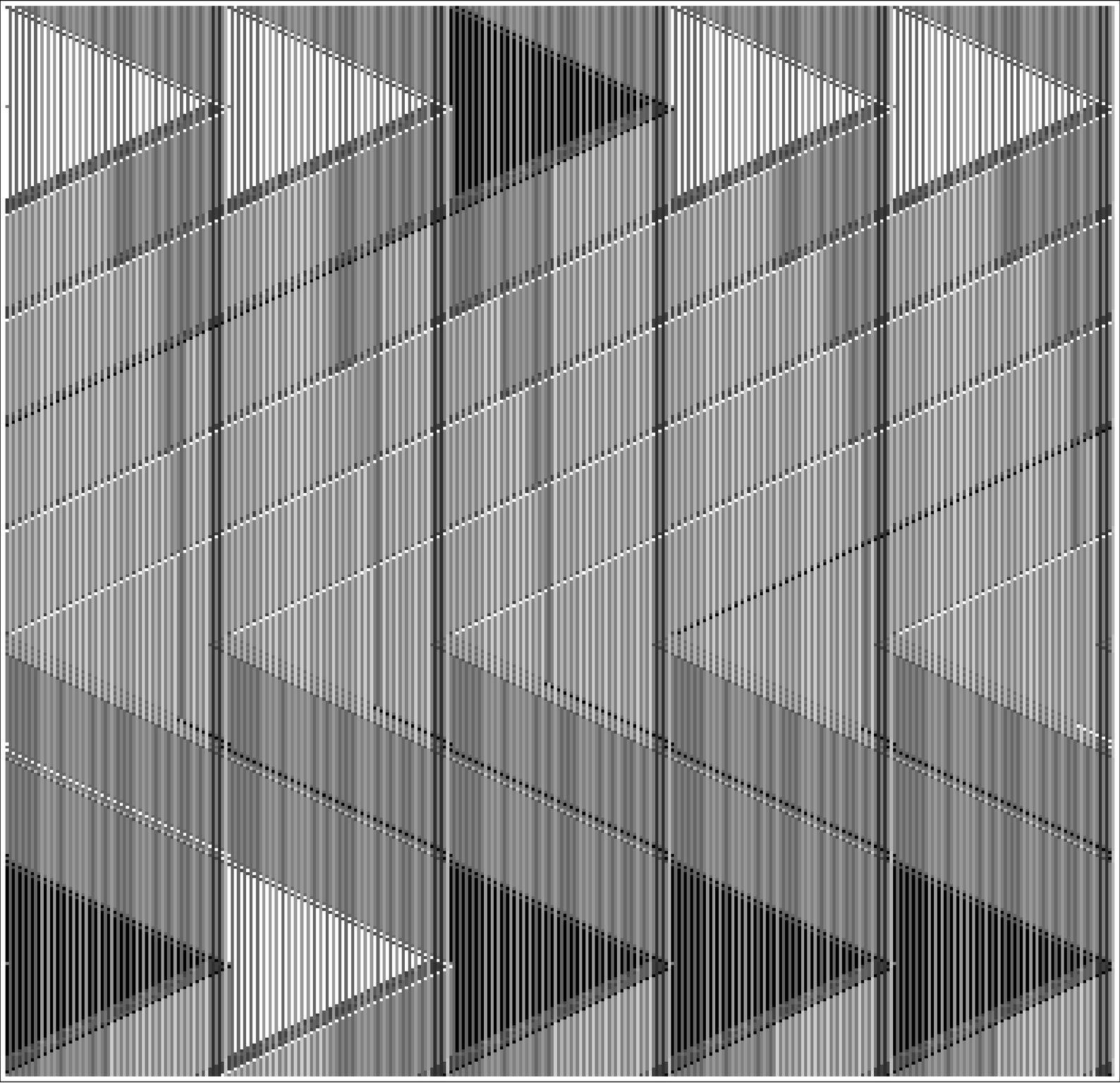 The universal cellular automaton emulating one step in the evolution of the rule shown above, which involves next-nearest as well as nearest-neighbor cells. The rule now covers a total of 32 cases, corresponding to the possible arrangements of colors of a cell and its nearest and next-nearest neighbors. The picture shows the evolution of five cells according to the rule shown, with each cell now being represented by a block of 70 cells in the universal cellular automaton.