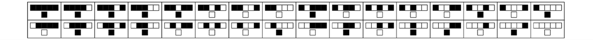 The universal cellular automaton emulating one step in the evolution of the rule shown above, which involves next-nearest as well as nearest-neighbor cells. The rule now covers a total of 32 cases, corresponding to the possible arrangements of colors of a cell and its nearest and next-nearest neighbors. The picture shows the evolution of five cells according to the rule shown, with each cell now being represented by a block of 70 cells in the universal cellular automaton. 2