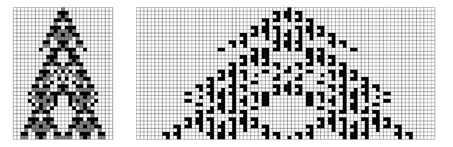 An example of how a cellular automaton with three possible colors and nearest-neighbor rules can be emulated by a cullular automaton with only two possible colors but a larger number of neighbors
