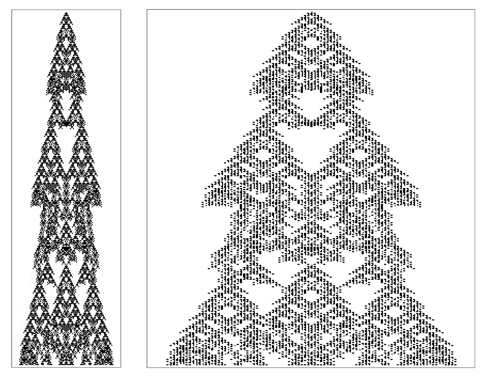 An example of how a cellular automaton with three possible colors and nearest-neighbor rules can be emulated by a cullular automaton with only two possible colors but a larger number of neighbors 2