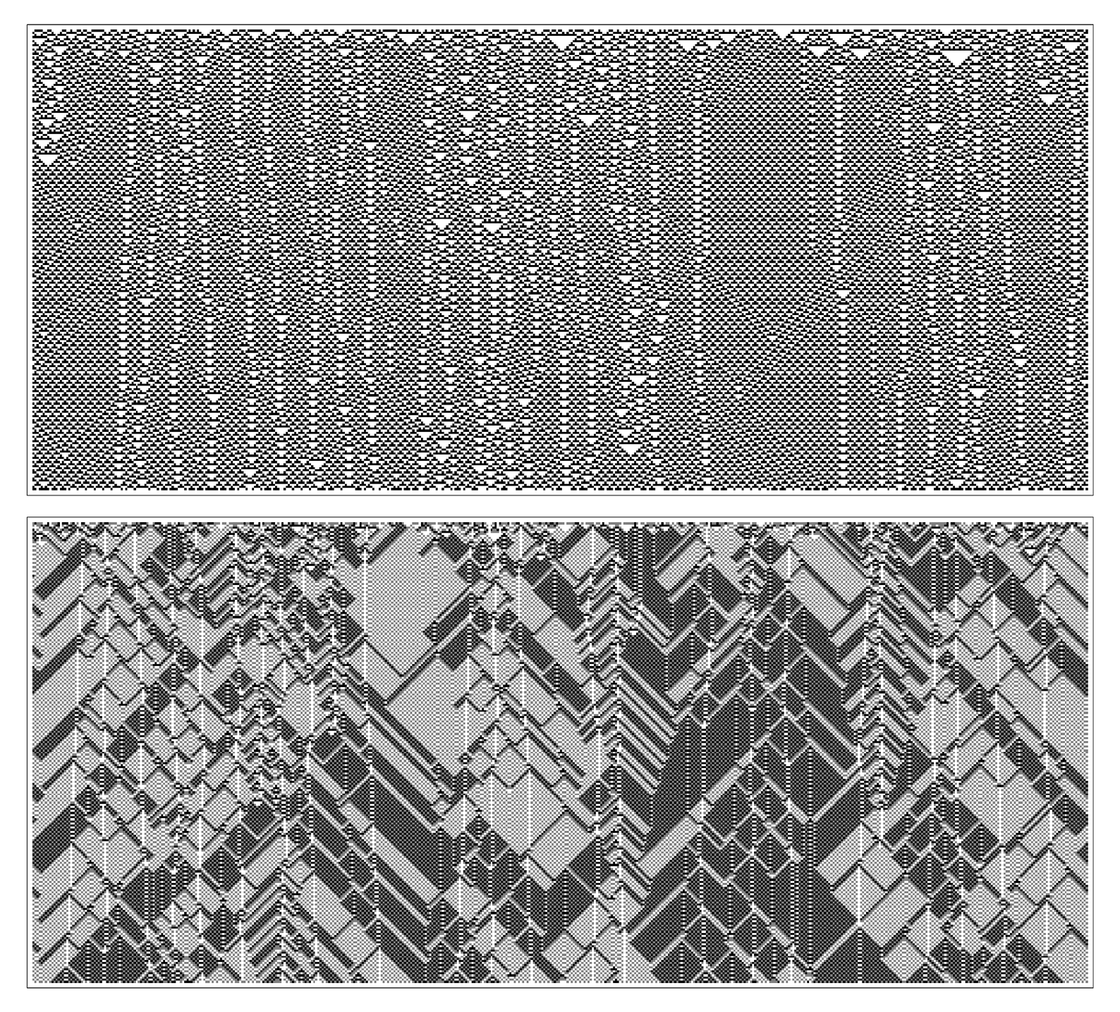 Two views of the evolution of rule 54 from typical random initial conditions