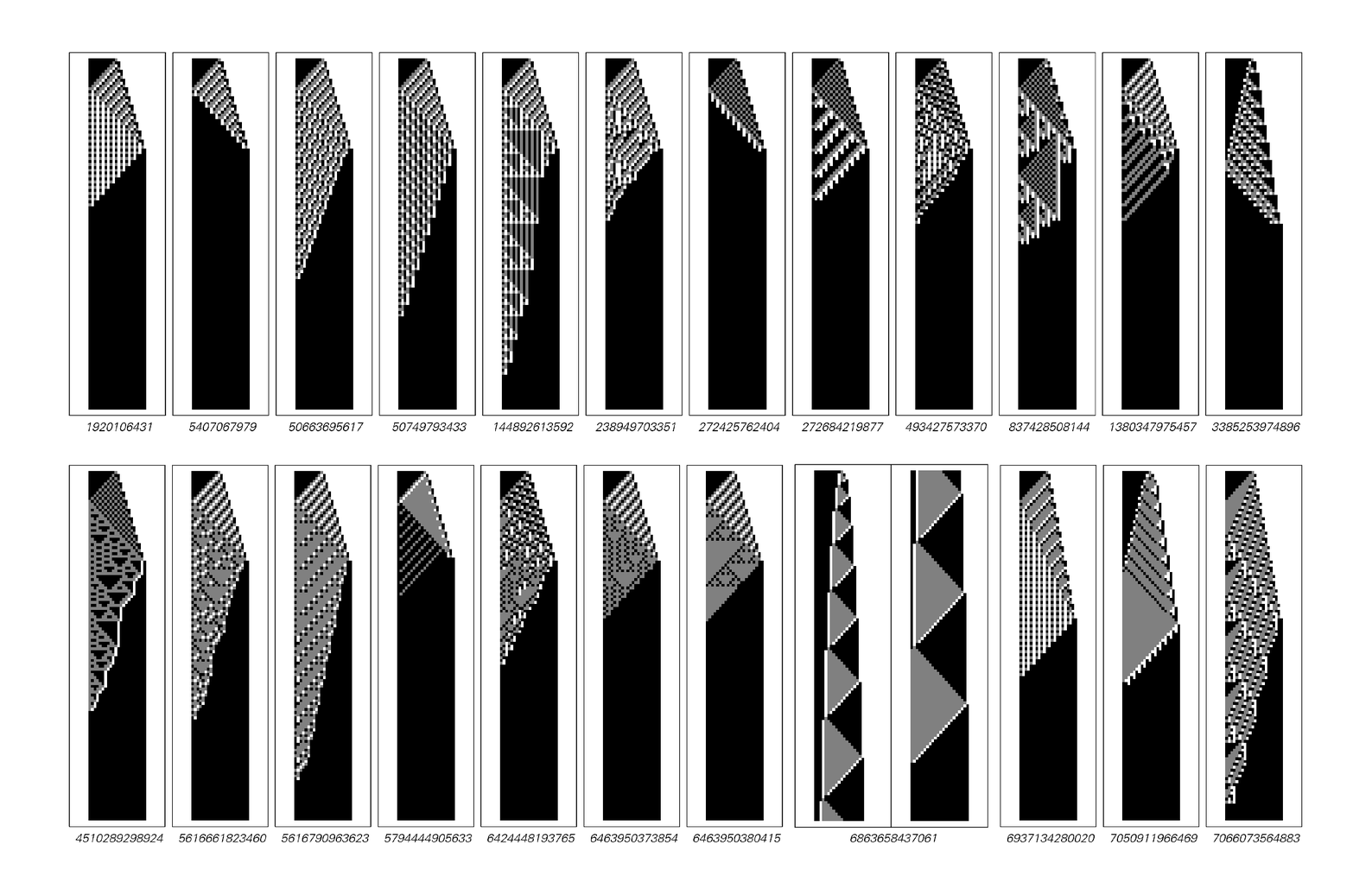 Examples of rules with three colors that achieve the purpose of doubling the width of the pattern given in their input